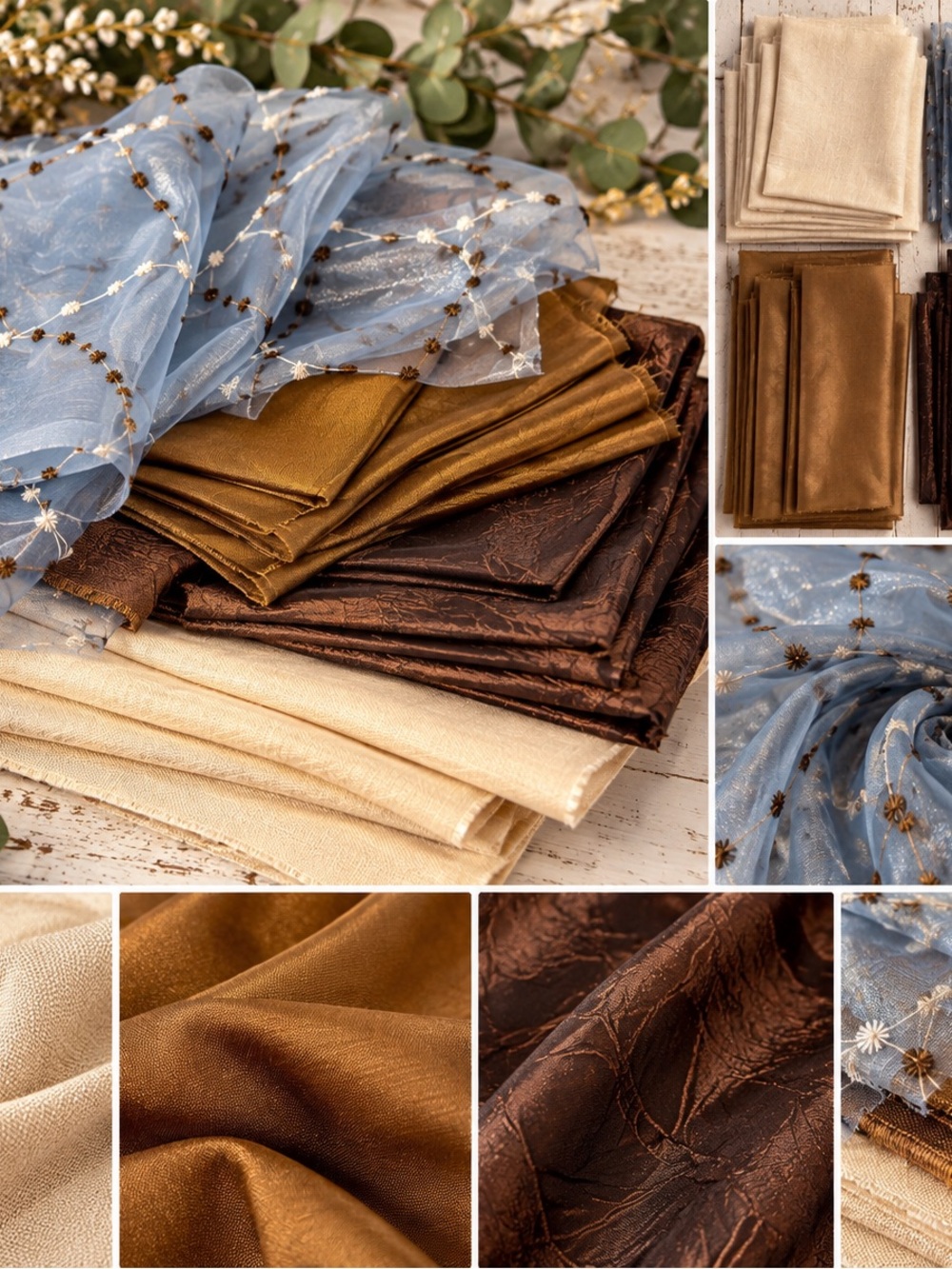 40 Pc Fabric Remnant Bundle Blue Brown Gold Beige Sewing Craft Fabric